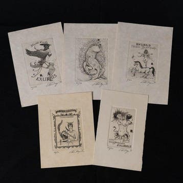 [ Free Shipping ] Ex-libris Copperplate Prints, Set of Five
