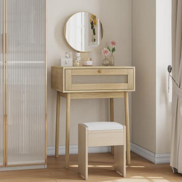 Houten Make-up Tafel met Rotan Ladefront en Ronde Spiegel -, Verzenden, Nieuw