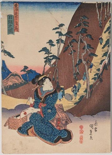 Kunisada • Uitzicht op Nissaka • Bijin Tkaid • Japanse