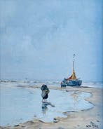 Cor Schaap (1968) - Aangelande bomschuit met vissersvrouw, Antiek en Kunst