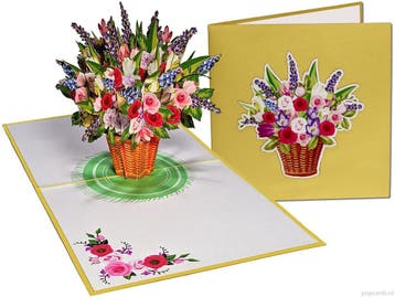 Gemengd boeket bloemen in rieten mand pop-up kaart, Verzenden, Nieuw