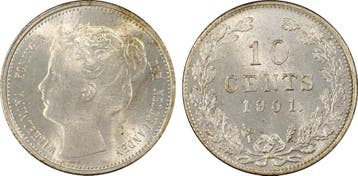 Koningin Wilhelmina 10 cent 1901 PCGS MS63 gecertificeerd, Verzenden, Zilver, 10 cent, Koningin Wilhelmina