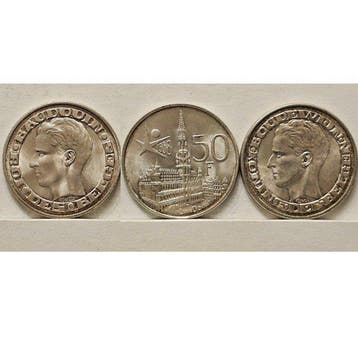 België. Boudewijn I. Lot of 3 Silver 50 Francs 1958 –