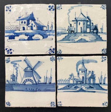 Tegel - Antieke Delfts blauwe tegels met kastelen, boerderij