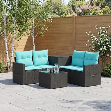 vidaXL Bankstel 6 st Zwart en Blauw Poly Rattan en Staal, Verzenden, Nieuw