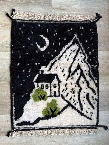 Mrirt Berber kunsttapijt – Nachtlandschap – Berg, huis &, Nieuw