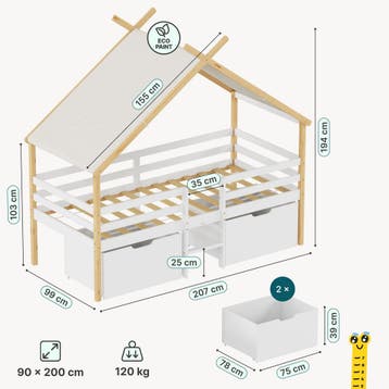 Kinderbed Surnadal Huisbed met dak 2 lades en trapje 200x90, Verzenden, Nieuw