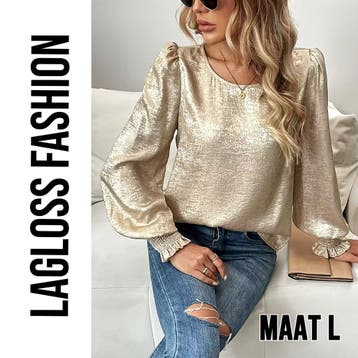 Dames Goud Metallic Blouse met Ronde Hals en Ballonmouwen –, Verzenden, Nieuw