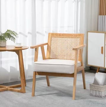 Beige Rotan Fauteuil – Natuurlijke Stoel met Linnen – Boho, Overige kleuren, Verzenden, Eén, Hout