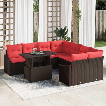 vidaXL Tuin Sofa Set 9 st Bruin en Rood poly rattan, Verzenden, Nieuw, Meer dan 8 zitplaatsen