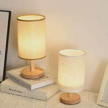 Sfeervolle LED Tafellamp met Houten Basis & Stoffen Kap - Di, Huis en Inrichting, Verzenden, Nieuw