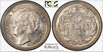 Koningin Wilhelmina 10 cent 1935 MS64 PCGS gecertificeerd, Verzenden, Zilver, 10 cent, Koningin Wilhelmina