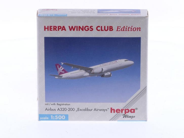 Schaal 1:500 Herpa 501750 Excaliber Airways Airbus A320-2..., Hobby en Vrije tijd, Modelbouw | Vliegtuigen en Helikopters, Zo goed als nieuw