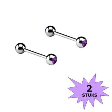 Fako Bijoux - Barbell Piercing - Kristal - 12mm - Paars - 2, Verzenden, Nieuw