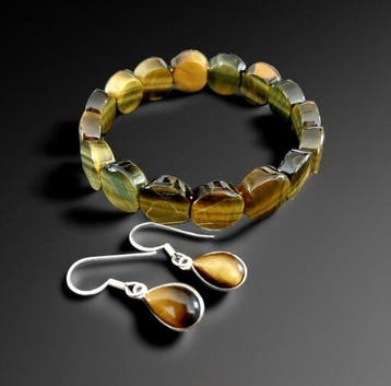 Tijgeroog-set. Oorbellen van 925 zilver. Natuurlijke steen