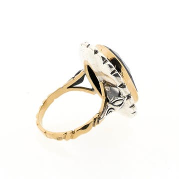 Goud met zilveren ring met granaat en diamanten; Ca. 0,20..., Gebruikt, Ophalen of Verzenden, 17 tot 18, Met edelsteen