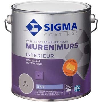 Sigma Muurverf Mat Reinigbaar - RAL 7032 - 2,5 liter, Overige kleuren, Nieuw, Ophalen of Verzenden, Verf