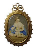 Moeder Maria met Jezus en fruitmand. - Plaquette - Gouache