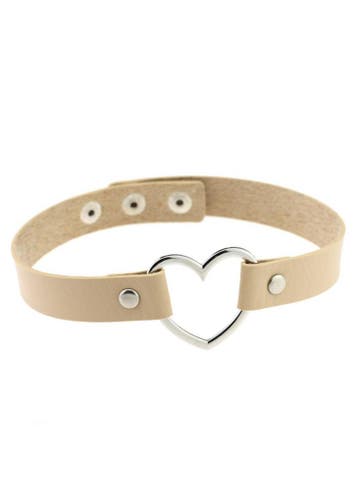 KIMU® Choker Beige Hartje Pu Leer Collar Ketting Hart Halsba, Kunststof, Verstelbaar, Beige, Nieuw