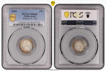 Koning Willem II 25 cent 1849 MS64 PCGS gecertificeerd, Verzenden, Munten