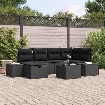 vidaXL Tuin Sofa Set 7 st Zwart poly rattan, Verzenden, Nieuw, Rotan, 7 zitplaatsen