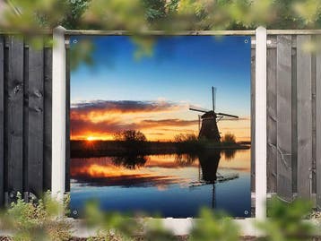 NR 1410: Tuinposter molen aan water zonsondergang 180x180cm, Nieuw