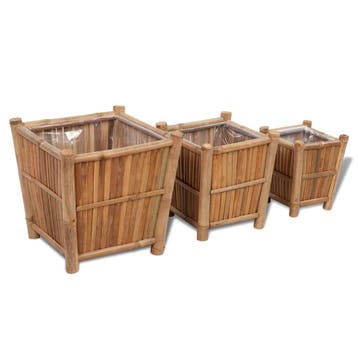 vidaXL 3 st Plantenbakken verhoogd bamboe met nylon voering, Verzenden, Minder dan 60 cm, Nieuw, Hout