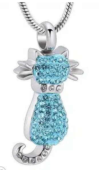 Ashanger, assieraad Kat strass blauw, sieraad crematie as, Sieraden, Tassen en Uiterlijk, Kettinghangers, Overige materialen, Blauw
