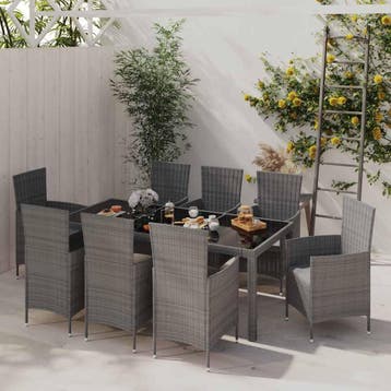 vidaXL 9-delige Tuinset met kussens poly rattan grijs, Nieuw, 8 zitplaatsen, Tuinset, Verzenden