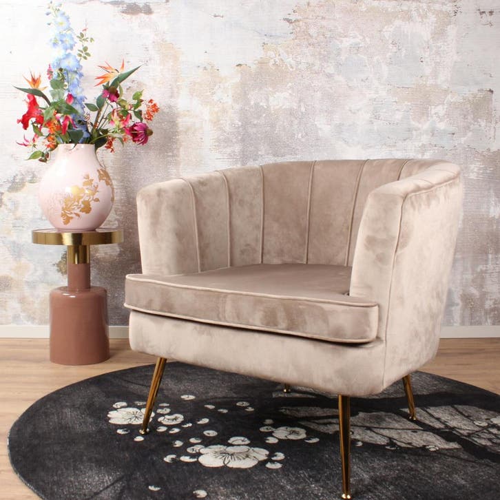 Norah fauteuil velvet champagne/taupe, Huis en Inrichting, Stoelen, Nieuw, Ophalen of Verzenden