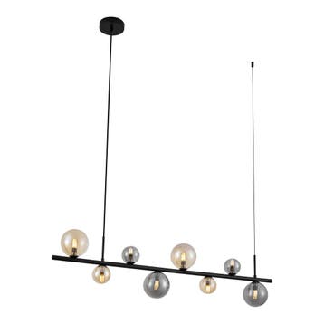 Hanglamp zwart met smoke en amber glas langwerpig 8-lichts, Huis en Inrichting, Lampen | Hanglampen, Verzenden, Nieuw, Modern
