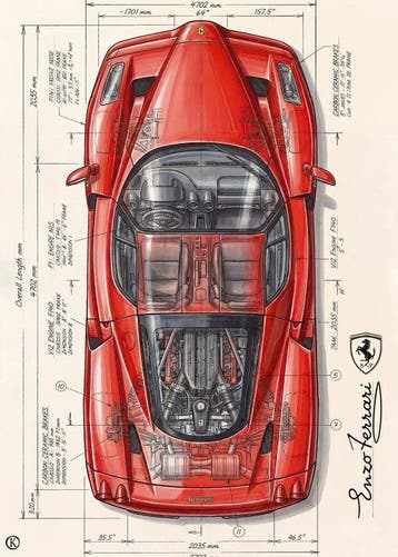 Kleury.art - [XL MATTE PAPER] Industrial Blueprint: Ferrari