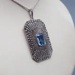Zilver, Grote Art Deco, Blauwe Spinel(Getest) - Ketting met