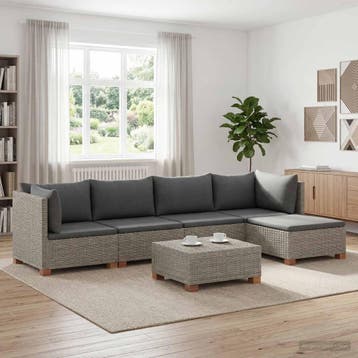 vidaXL 6 st Rieten Loungeset met Kussens GENDT Natuurlijk, 6 zitplaatsen, Nieuw, Loungeset, Verzenden