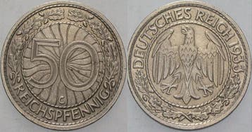 50 Reichspfennig 1933 G Kleinmunten Weimarer Republik Wei..., Verzenden