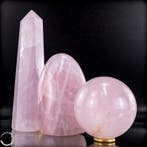 Natuurlijk rozenkwarts-set – Bol, vrijvorm en obelisk in