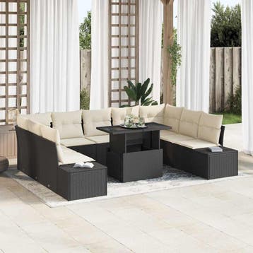 vidaXL Tuin Sofa Set met opslag 10 pcs Zwart Poly riet, Verzenden, Nieuw, Rotan, Meer dan 8 zitplaatsen