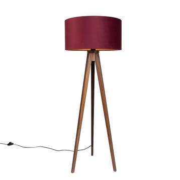 Vloerlamp walnoot hout tripod met kap rood en gouden, Verzenden, Nieuw, Hout, Modern