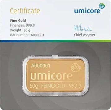 50 gram - Goud .999 - Umicore - Verzegeld en met certificaat