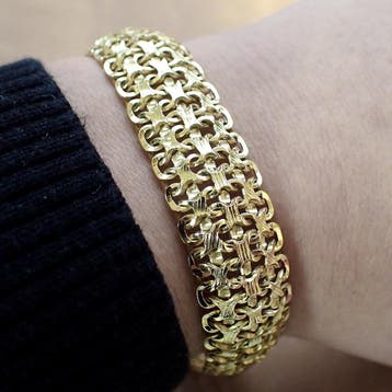 Gouden fantasieschakel armband (Schakelarmband), Sieraden, Tassen en Uiterlijk, Armbanden, Ophalen of Verzenden, Gebruikt, Goud