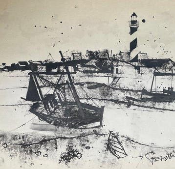 Yves Ganne (1931-2019) - Paysage Marin avec bateau et phare., Antiek en Kunst