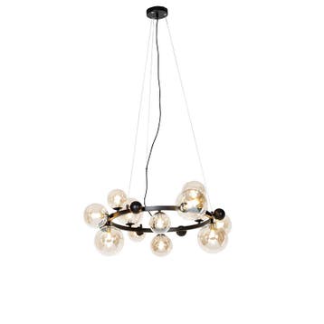 Smart hanglamp zwart met amber glas 12-lichts incl. Zigbee, Verzenden, Nieuw, Art Deco
