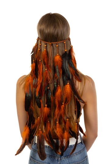 KIMU® Hoofdband Veren Oranje Zwart Ibiza Hippie Indiaan Haar, Ophalen of Verzenden, Nieuw, Carnaval, Accessoires