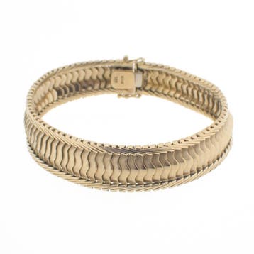 Vintage brede gouden armband (Schakelarmband), Ophalen of Verzenden, Gebruikt, Goud, Goud