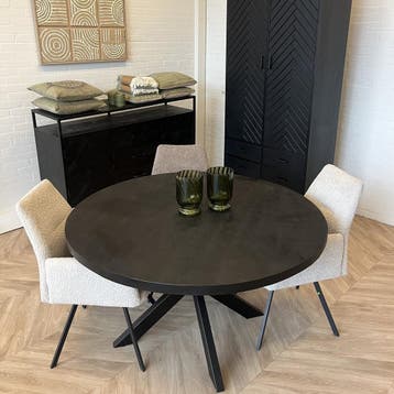 Nieuwe ronde eettafel zwart mangohout matrixpoot metaal 175, Overige houtsoorten, Verzenden, Rond, Nieuw