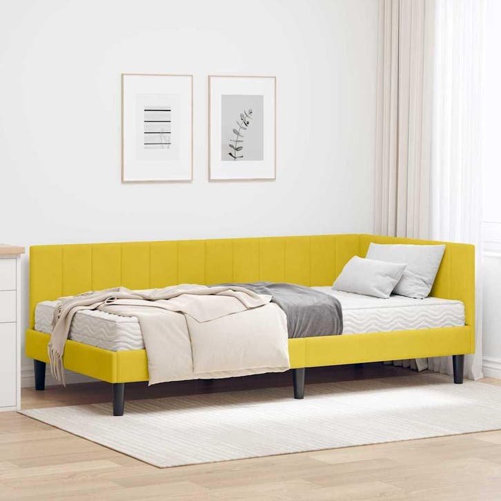 vidaXL Hoekbedframe met Matras met hoofdeinde 2 st Geel, Huis en Inrichting, Slaapkamer | Bedden, Nieuw, Stof, Verzenden