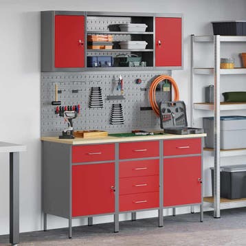 vidaXL Werk kast met lade 7 st Rood en Grijs Engineered hout, Doe-het-zelf en Verbouw, Verzenden, Nieuw