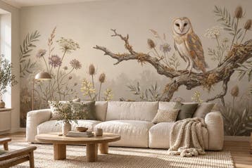 Uil fotobehang woonkamer – bloemen behang op maat, Verzenden, Fotobehang