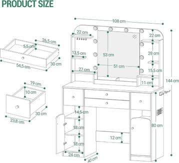 Hzuaneri Make-uptafel met ledverlichting, met stekker en föh, Verzenden, Zo goed als nieuw