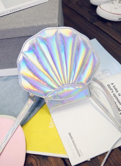 KIMU® Zilver Iridescent Holografisch Schelp Tasje Zeemeermin, Sieraden, Tassen en Uiterlijk, Tassen | Damestassen, Schoudertasje
